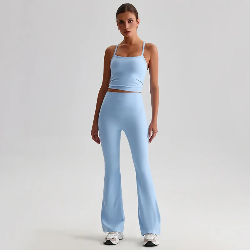 Women's 2-piece gym set high waist yoga flare pants and top - product image