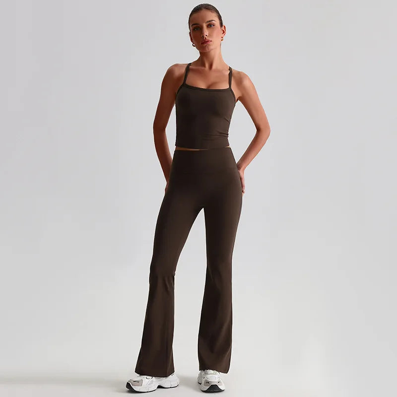 Women's 2-piece gym set high waist yoga flare pants and top - product image