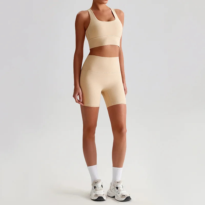 Women's 2-piece knit nylon yoga set with cross back sports bra and shorts - product image