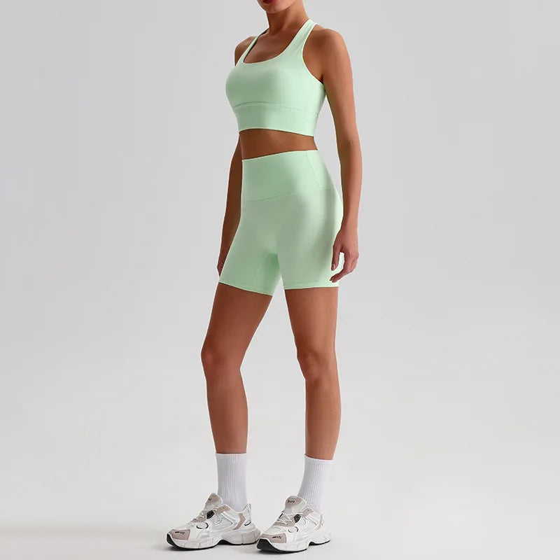 Women's 2-piece knit nylon yoga set with cross back sports bra and shorts - product image