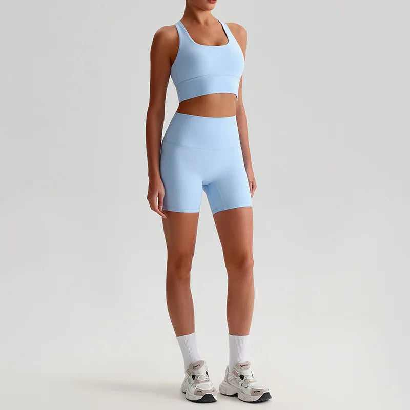Women's 2-piece knit nylon yoga set with cross back sports bra and shorts - product image