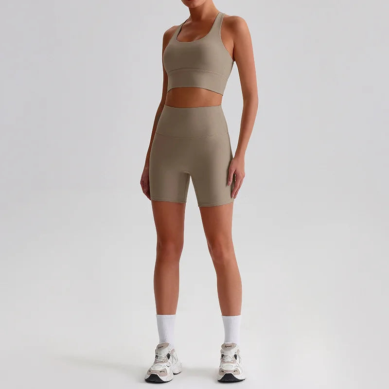 Women's 2-piece knit nylon yoga set with cross back sports bra and shorts - product image