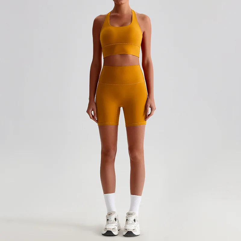 Women's 2-piece knit nylon yoga set with cross back sports bra and shorts - product image