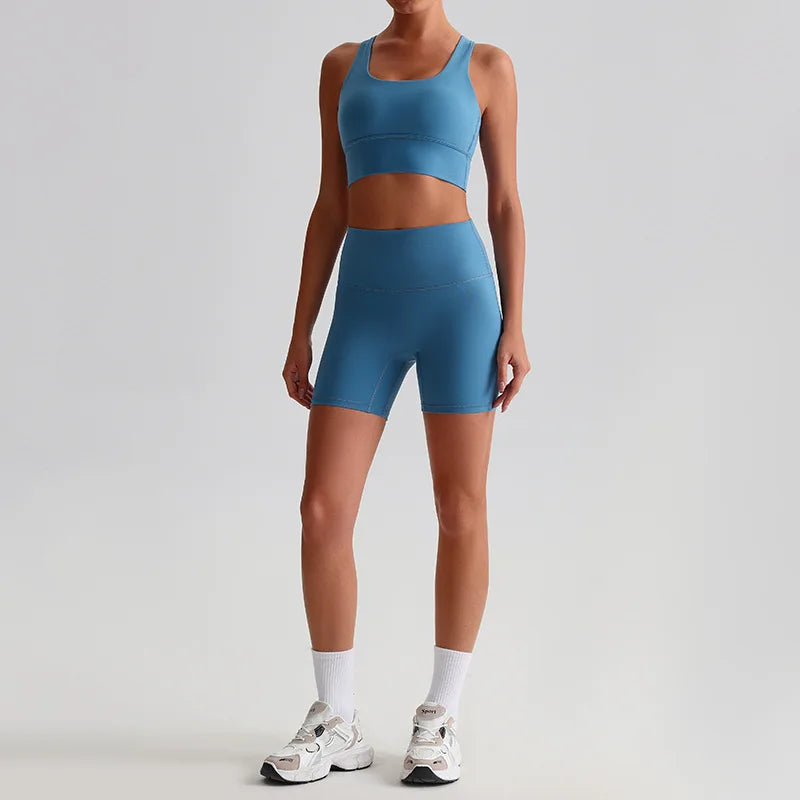 Women's 2-piece knit nylon yoga set with cross back sports bra and shorts - product image