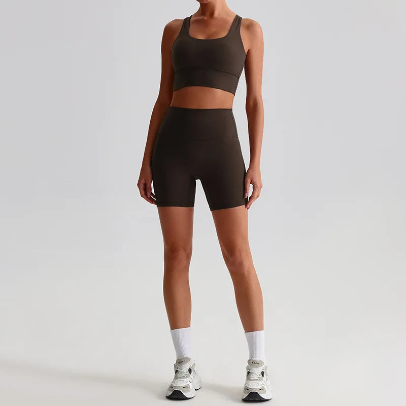 Women's 2-piece knit nylon yoga set with cross back sports bra and shorts - product image