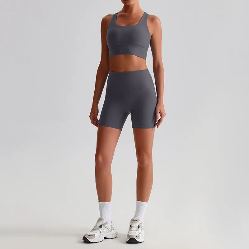 Women's 2-piece knit nylon yoga set with cross back sports bra and shorts - product image