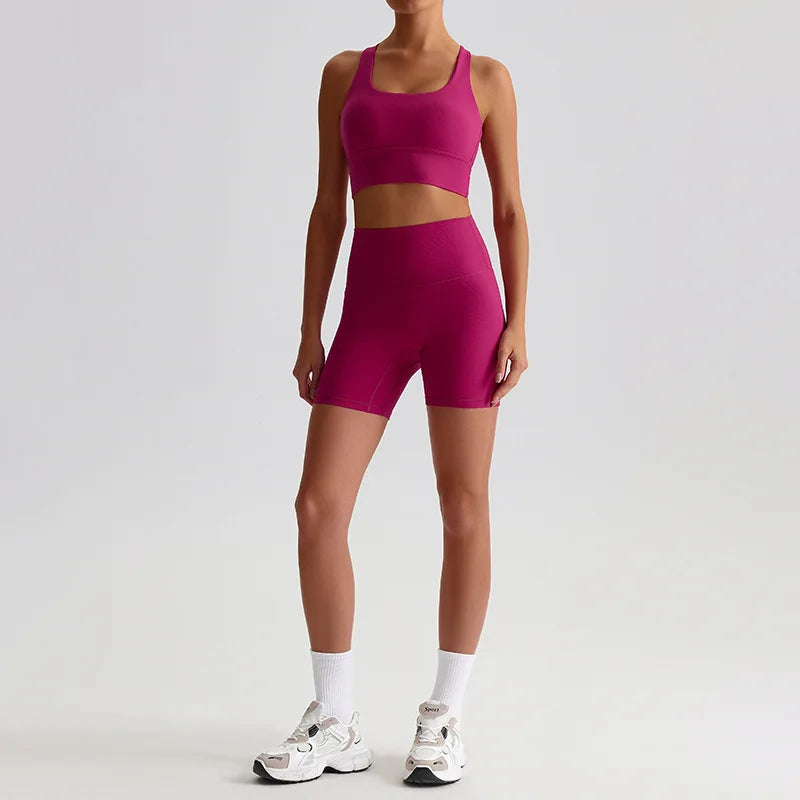 Women's 2-piece knit nylon yoga set with cross back sports bra and shorts - product image