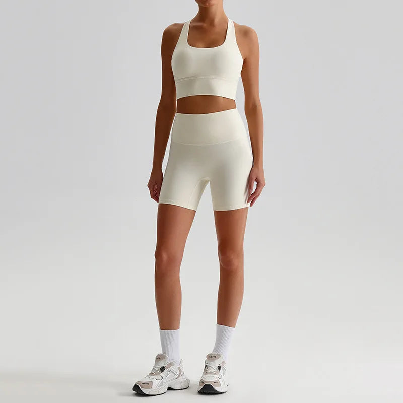 Women's 2-piece knit nylon yoga set with cross back sports bra and shorts - product image