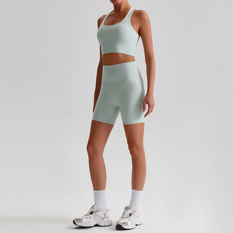 Women's 2-piece knit nylon yoga set with cross back sports bra and shorts - product image