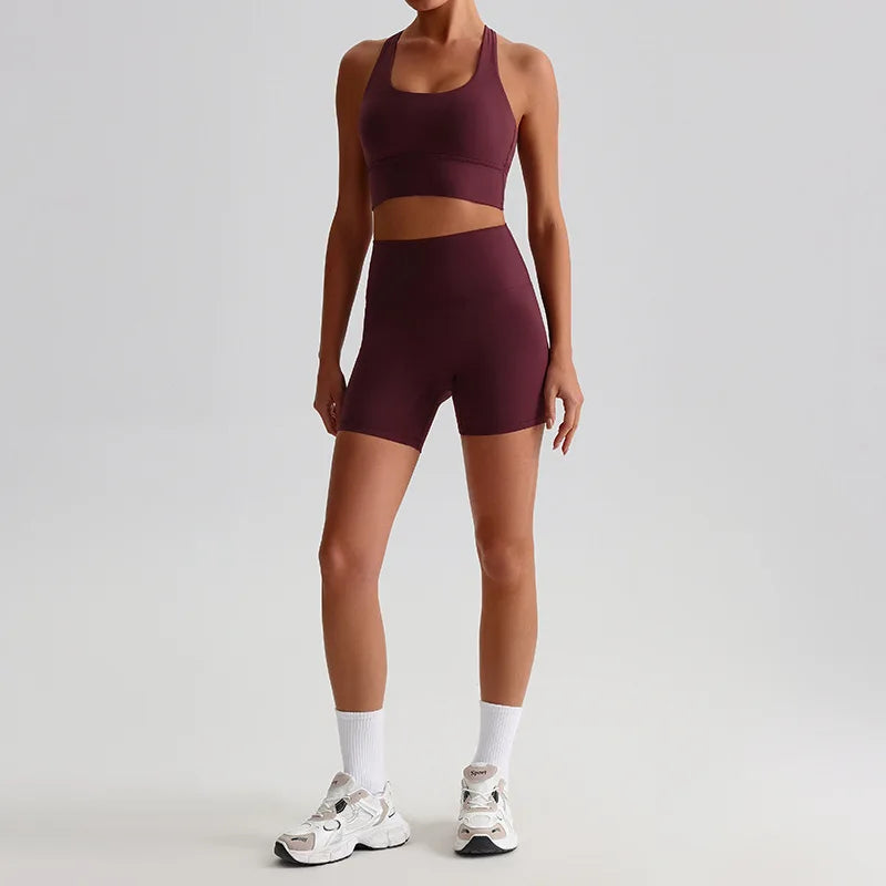 Women's 2-piece knit nylon yoga set with cross back sports bra and shorts - product image