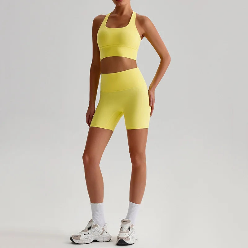 Women's 2-piece knit nylon yoga set with cross back sports bra and shorts - product image