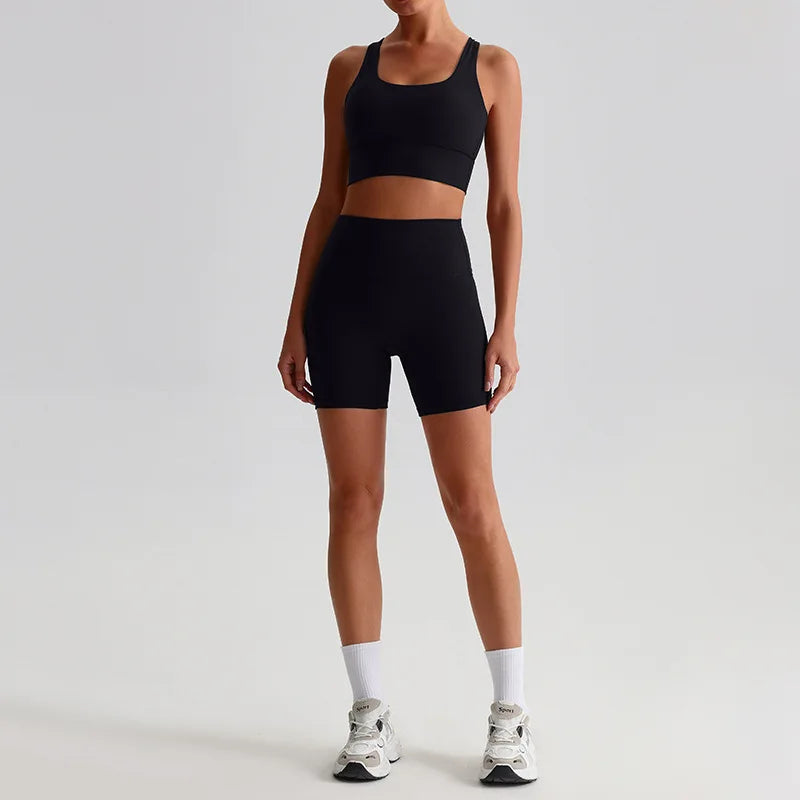 Women's 2-piece knit nylon yoga set with cross back sports bra and shorts - product image