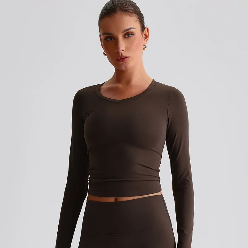 Women's long sleeve v neck yoga fitness crop top - product image