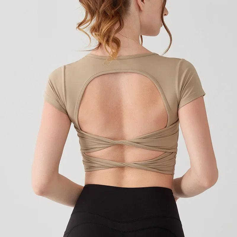 Women's yoga dress with chest pad cross back short sleeve t-shirt - product image