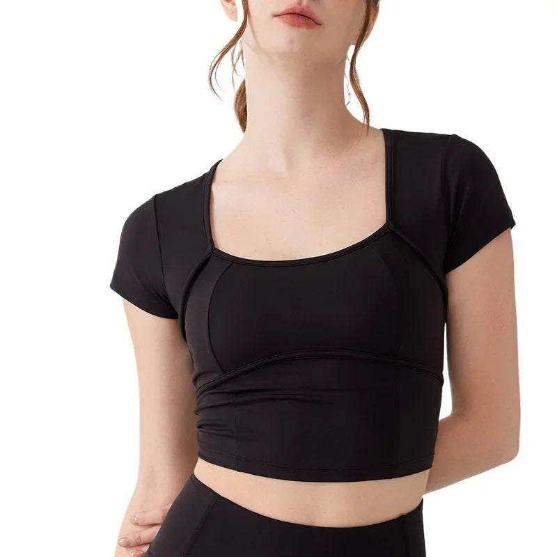 Women's yoga dress with chest pad cross back short sleeve t-shirt - product image