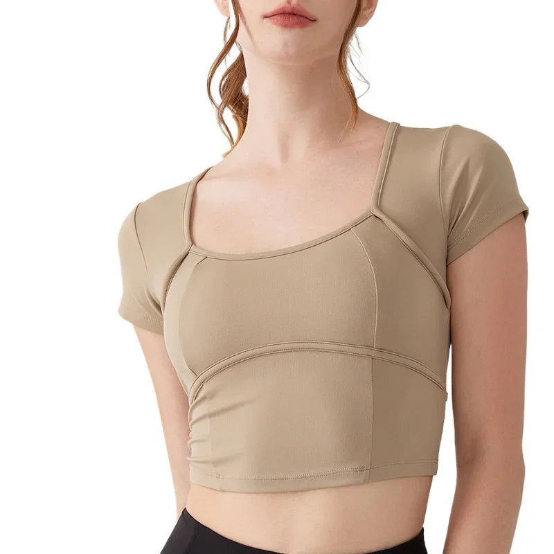 Women's yoga dress with chest pad cross back short sleeve t-shirt - product image
