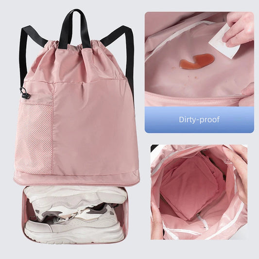 20-35l oxford mesh swim drawstring backpack with wet/dry and shoe pockets - product image