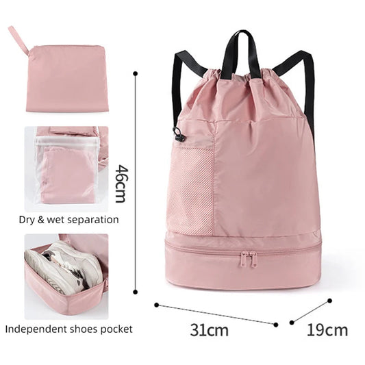 20-35l oxford mesh swim drawstring backpack with wet/dry and shoe pockets - product image