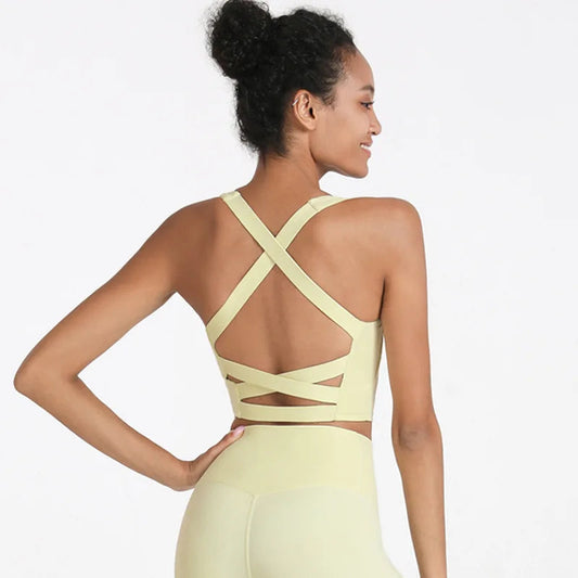 Anti-sweat nylon spandex knit cross strap padded sports bra in multiple sizes - product image