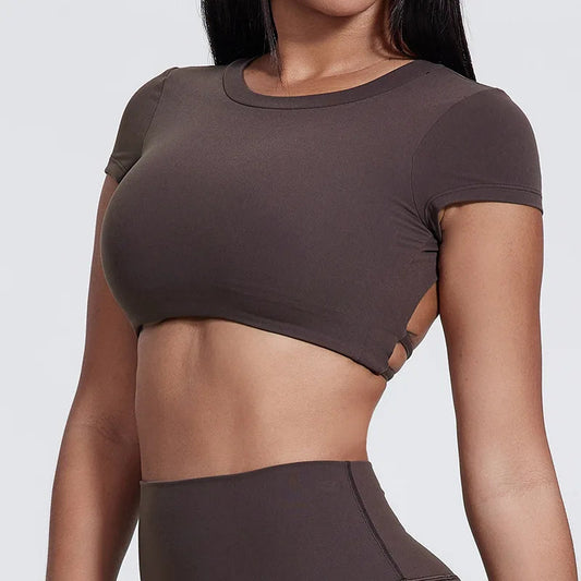 Back cross built-in bra nylon spandex workout crop t-shirt top - product image