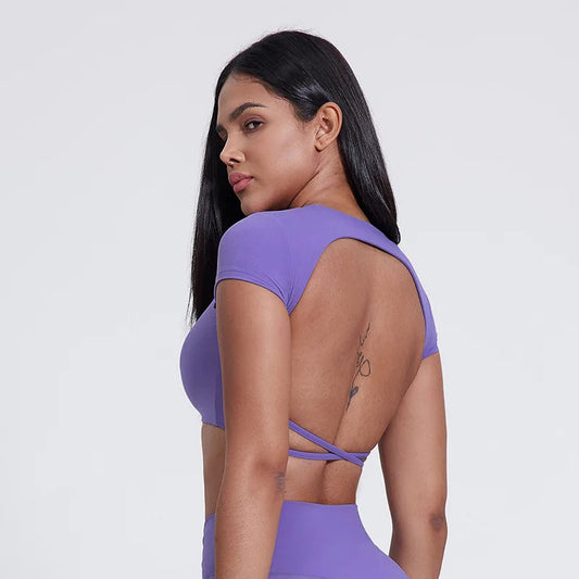 Back cross built-in bra nylon spandex workout crop t-shirt top - product image