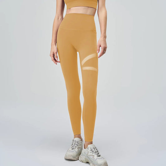Breathable high waist nylon spandex yoga leggings with mesh patchwork - product image