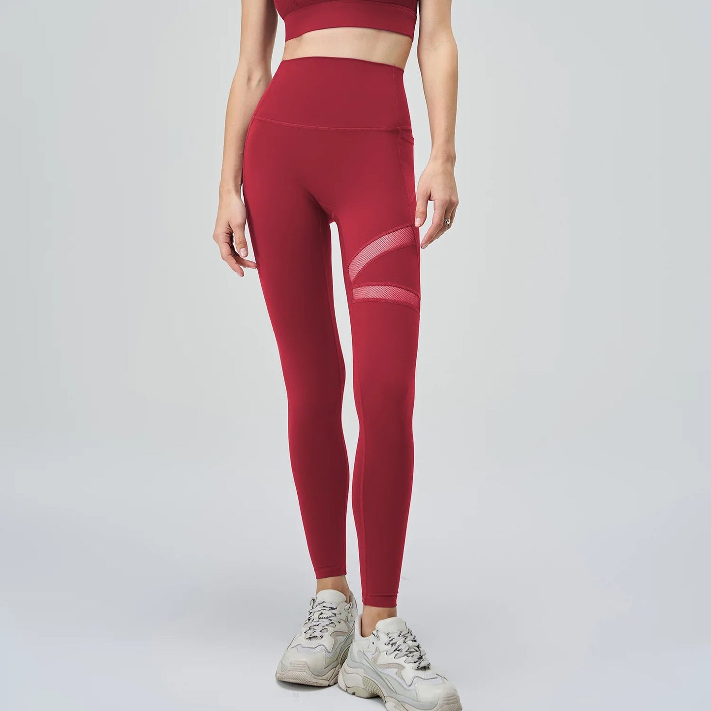 Breathable high waist nylon spandex yoga leggings with mesh patchwork - product image