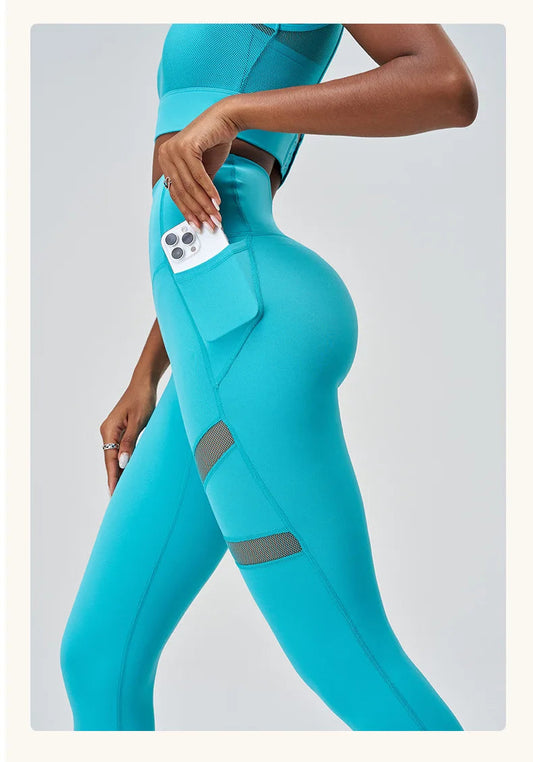 Breathable high waist nylon spandex yoga leggings with mesh patchwork - product image