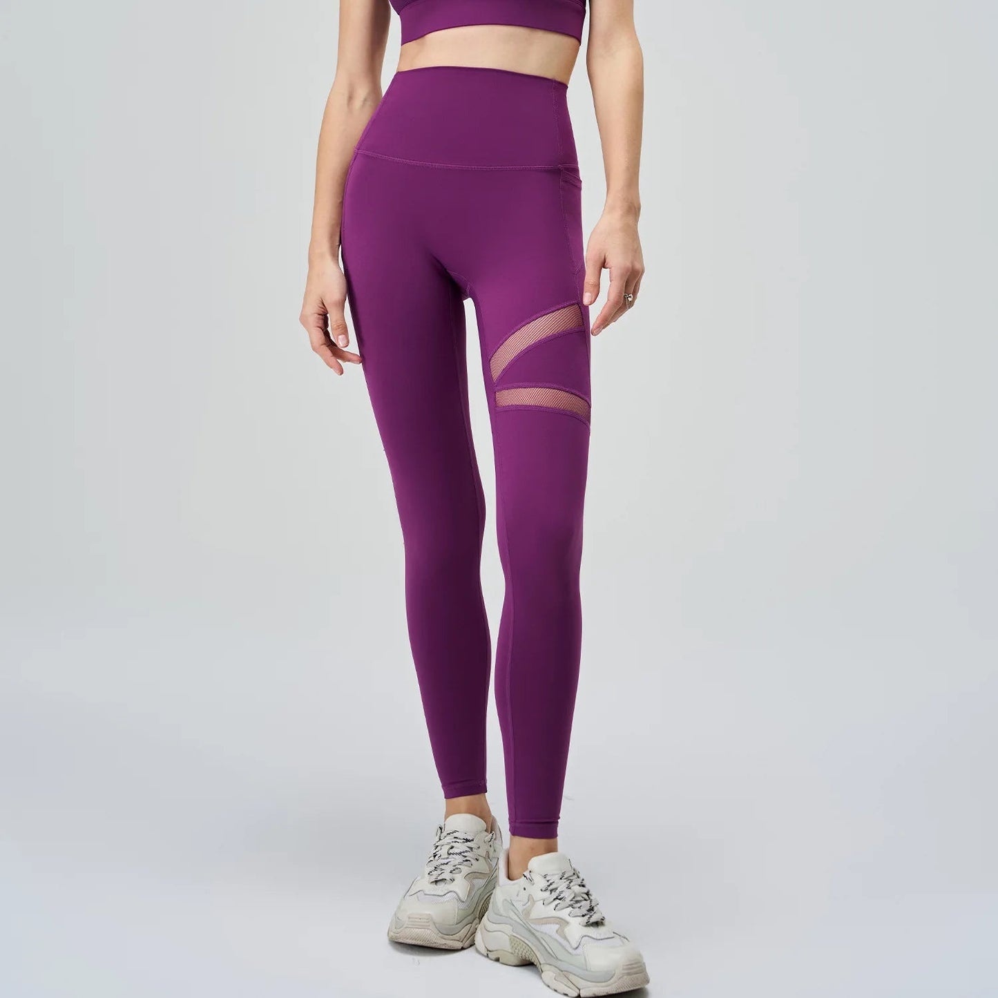 Breathable high waist nylon spandex yoga leggings with mesh patchwork - product image