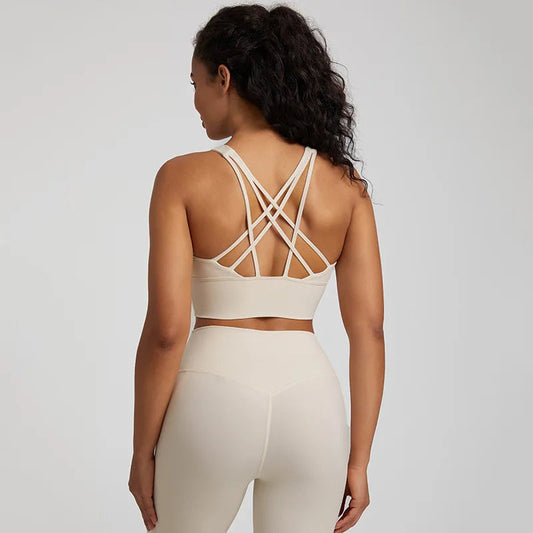 Crisscross back medium support removable cup nylon spandex knit sports bra - product image