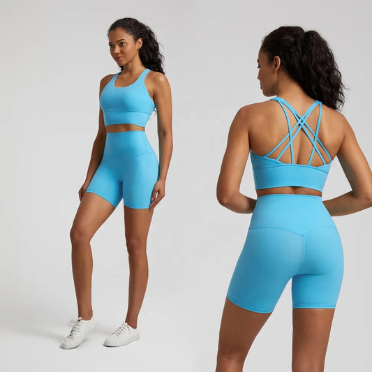 Crisscross back medium support removable cup nylon spandex knit sports bra - product image