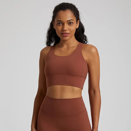 Crisscross back medium support removable cup nylon spandex knit sports bra - product image