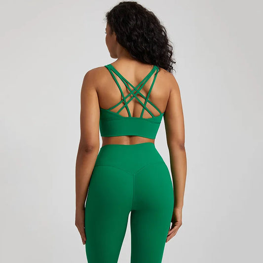 Crisscross back medium support removable cup nylon spandex knit sports bra - product image