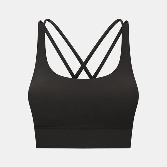 Cross strap mid support padded nylon spandex knit sports bra for fitness - product image