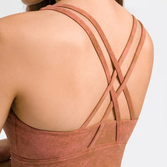 Cross strap mid support padded nylon spandex knit sports bra for fitness - product image
