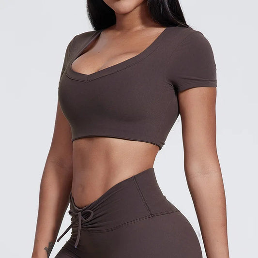 Double lined v neck short sleeve nylon slim fit t-shirt - product image