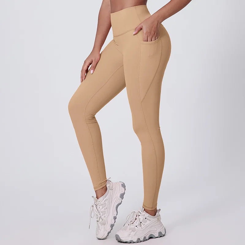 Elastic waist full length nylon spandex tight yoga pants with pockets - product image