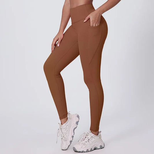 Elastic waist full length nylon spandex tight yoga pants with pockets - product image