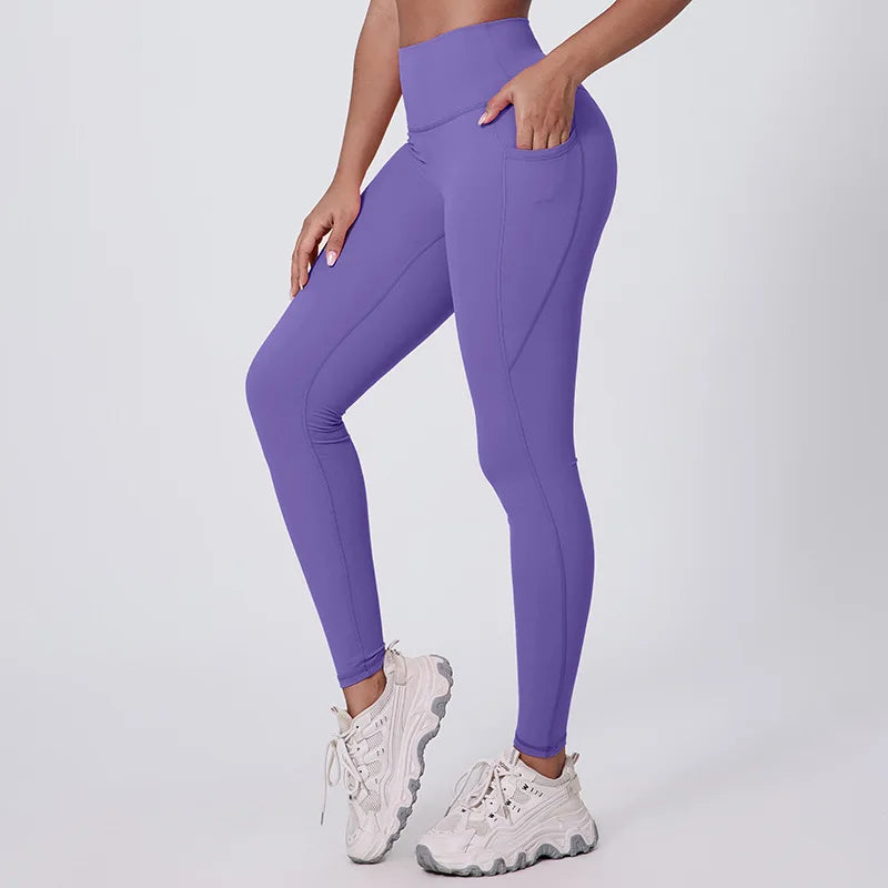Elastic waist full length nylon spandex tight yoga pants with pockets - product image