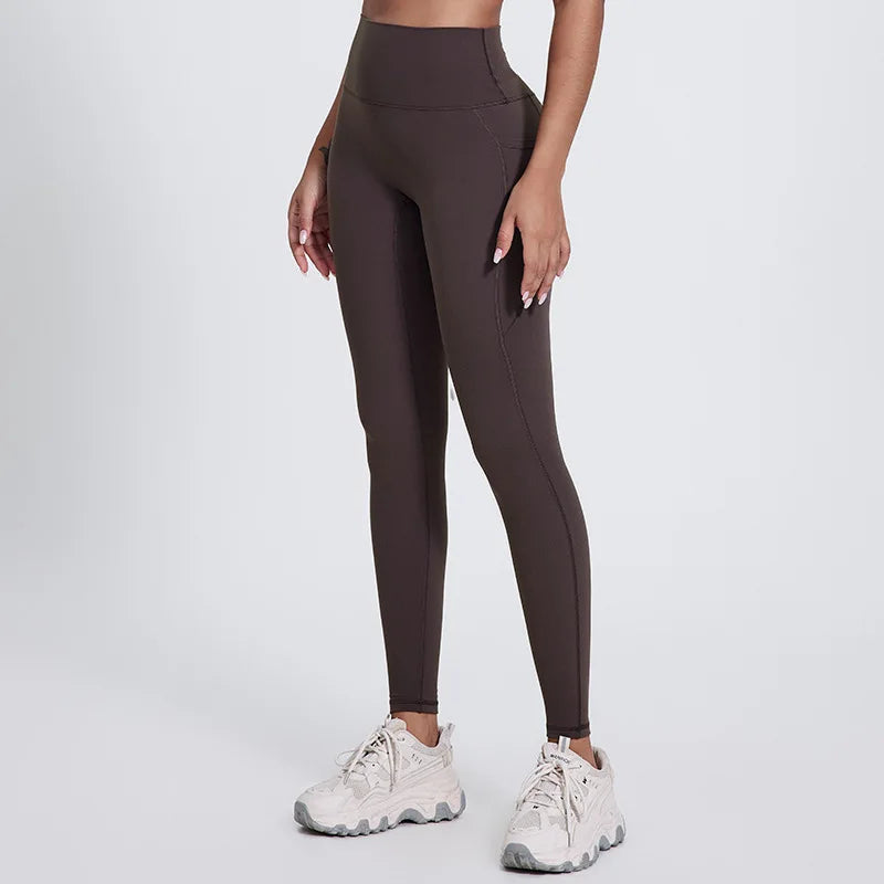 Elastic waist full length nylon spandex tight yoga pants with pockets - product image