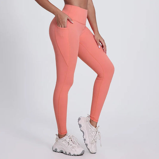 Elastic waist full length nylon spandex tight yoga pants with pockets - product image