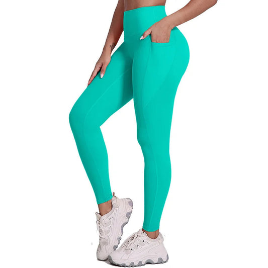 Elastic waist full length nylon spandex tight yoga pants with pockets - product image