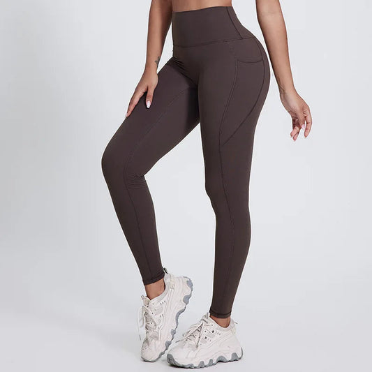 Elastic waist full length nylon spandex tight yoga pants with pockets - product image