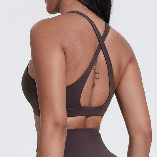 High neck push up nylon yoga training bra with back cross - product image