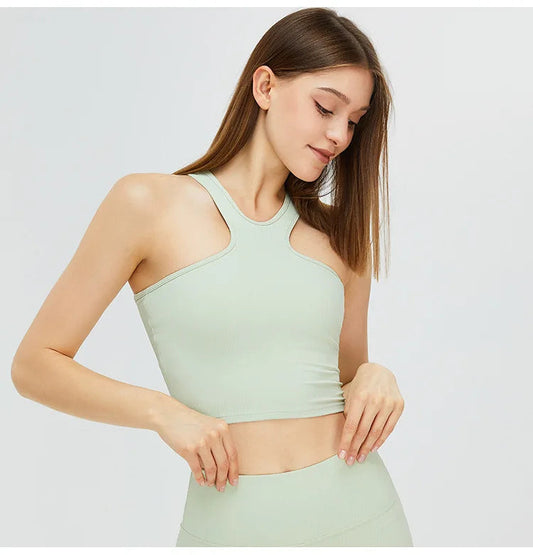 Nylon halter neck knit yoga vest with butterfly back design - product image