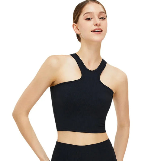 Nylon halter neck knit yoga vest with butterfly back design - product image