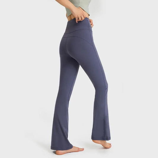 Nylon knit casual bootleg high waist flared yoga pants leggings with hidden pocket - product image