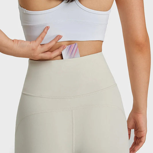 Nylon knit casual bootleg high waist flared yoga pants leggings with hidden pocket - product image