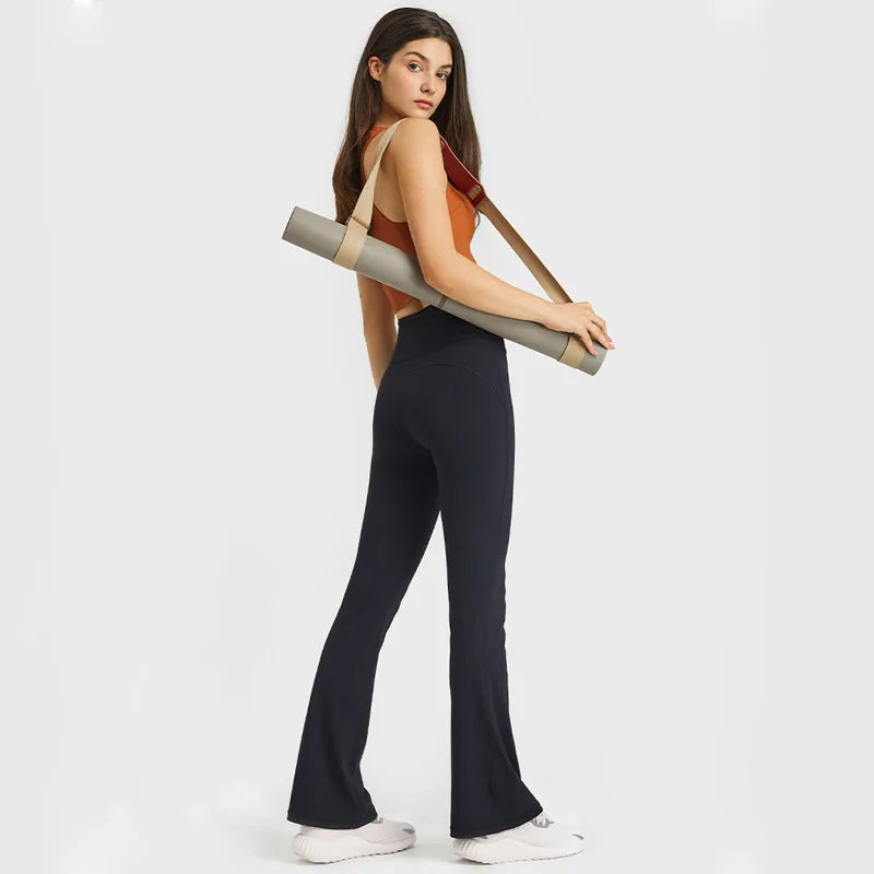 Nylon knit casual bootleg high waist flared yoga pants leggings with hidden pocket - product image