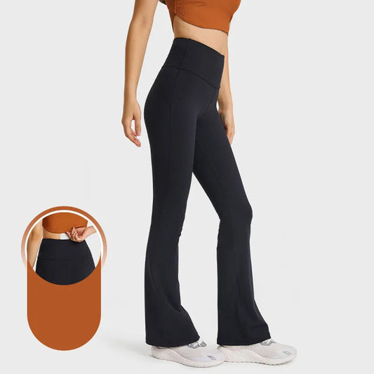 Nylon knit casual bootleg high waist flared yoga pants leggings with hidden pocket - product image